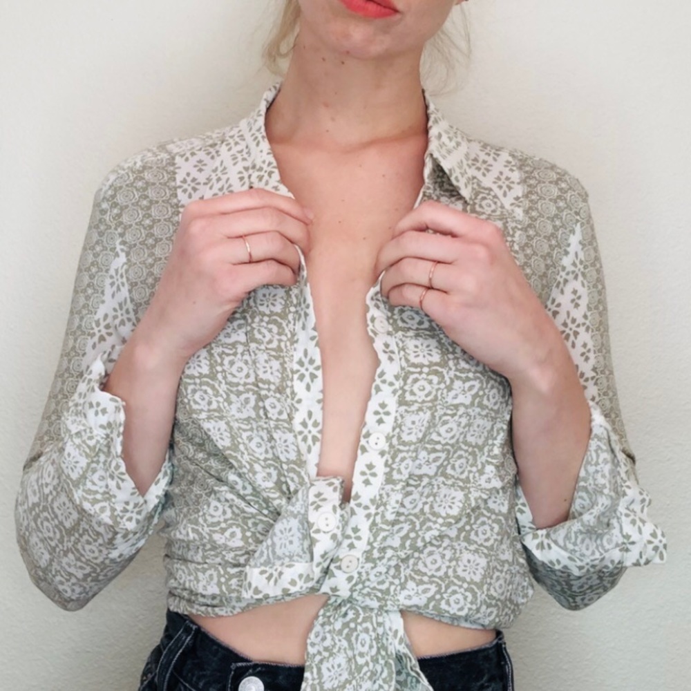 Sage green white button down blouse tie up boho pattern office sexy low cut top
